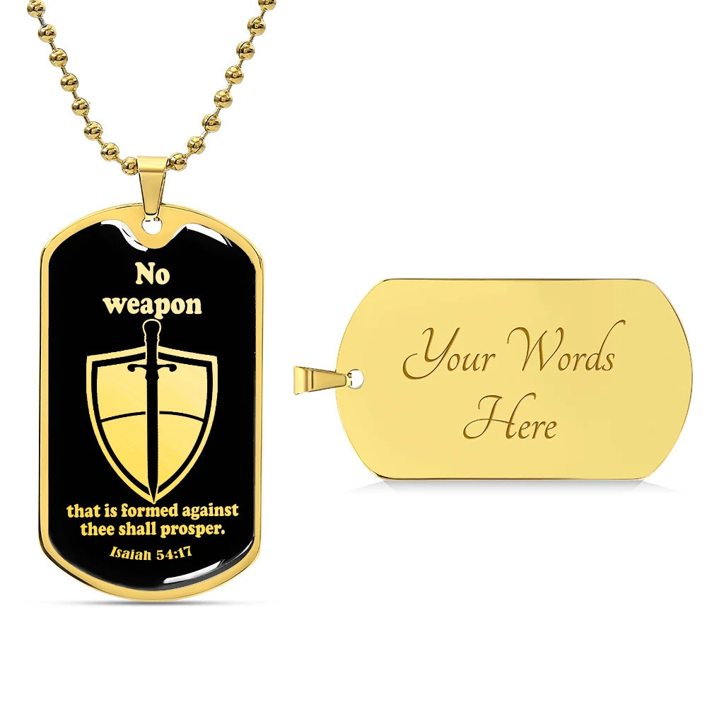 Isaiah 54:17 No Weapon Personalized Engraved Gold Dog Tag Necklace Custom Name